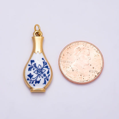 PVD Gold Stainless Steel 27mm Blue White Porcelain Ceramic Vase Charm | Charms-01329