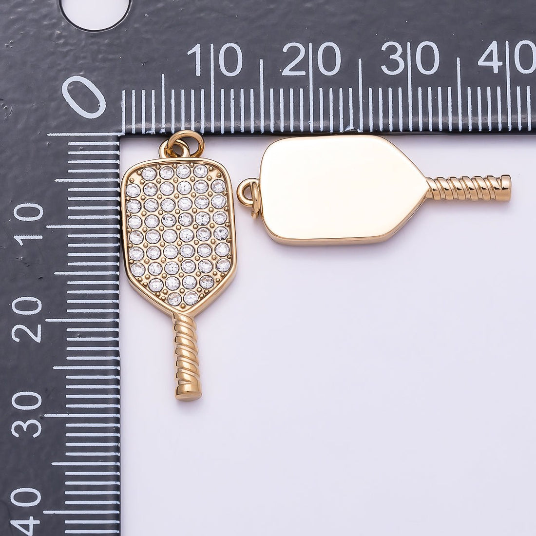 PVD Gold Stainless Steel 28mm Micro Paved CZ Racket Pickleball Paddle Sport Charm | Charms-01024