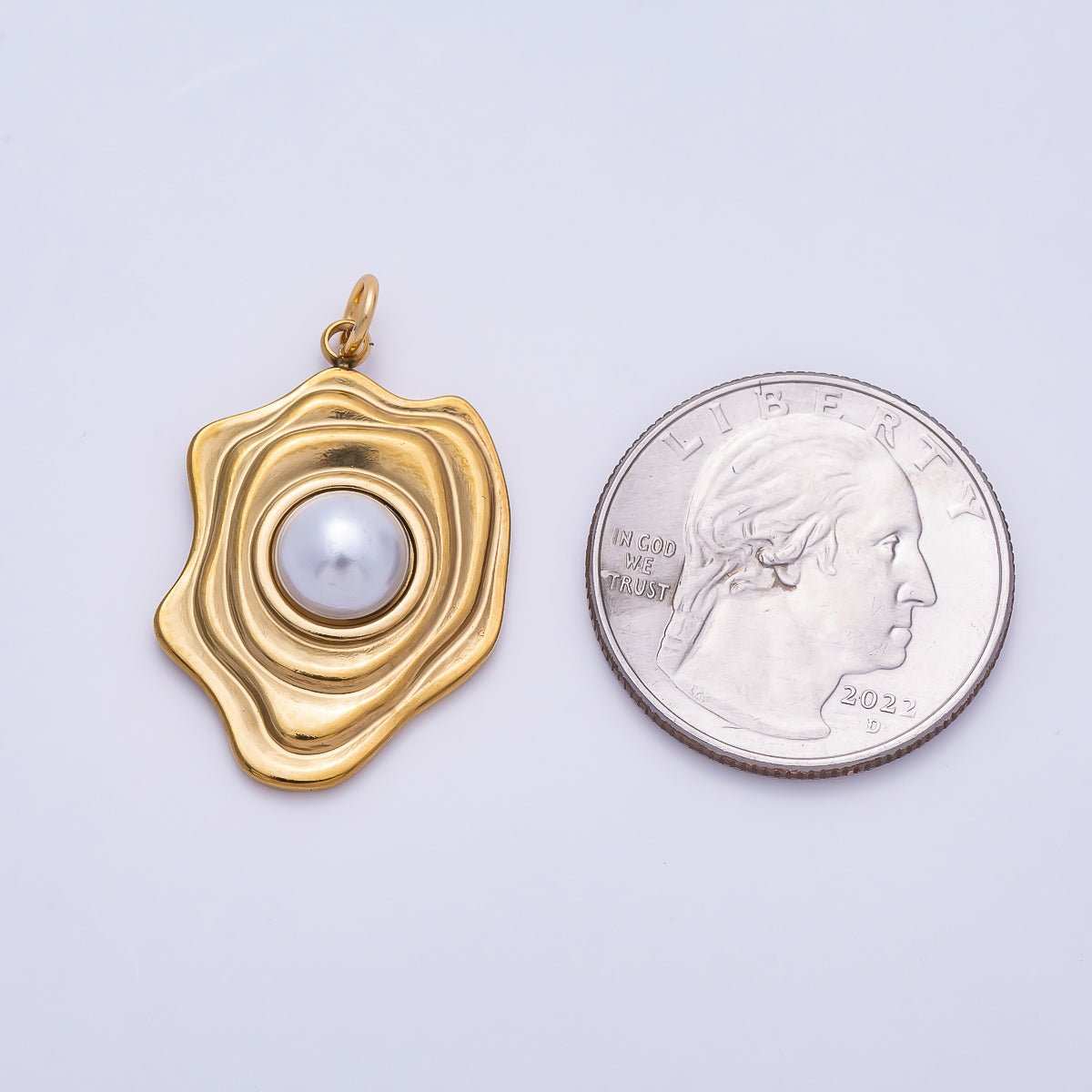 PVD Gold Stainless Steel 28mm Shell Pearl Lined Molten Geometric Charm | Charms-01442