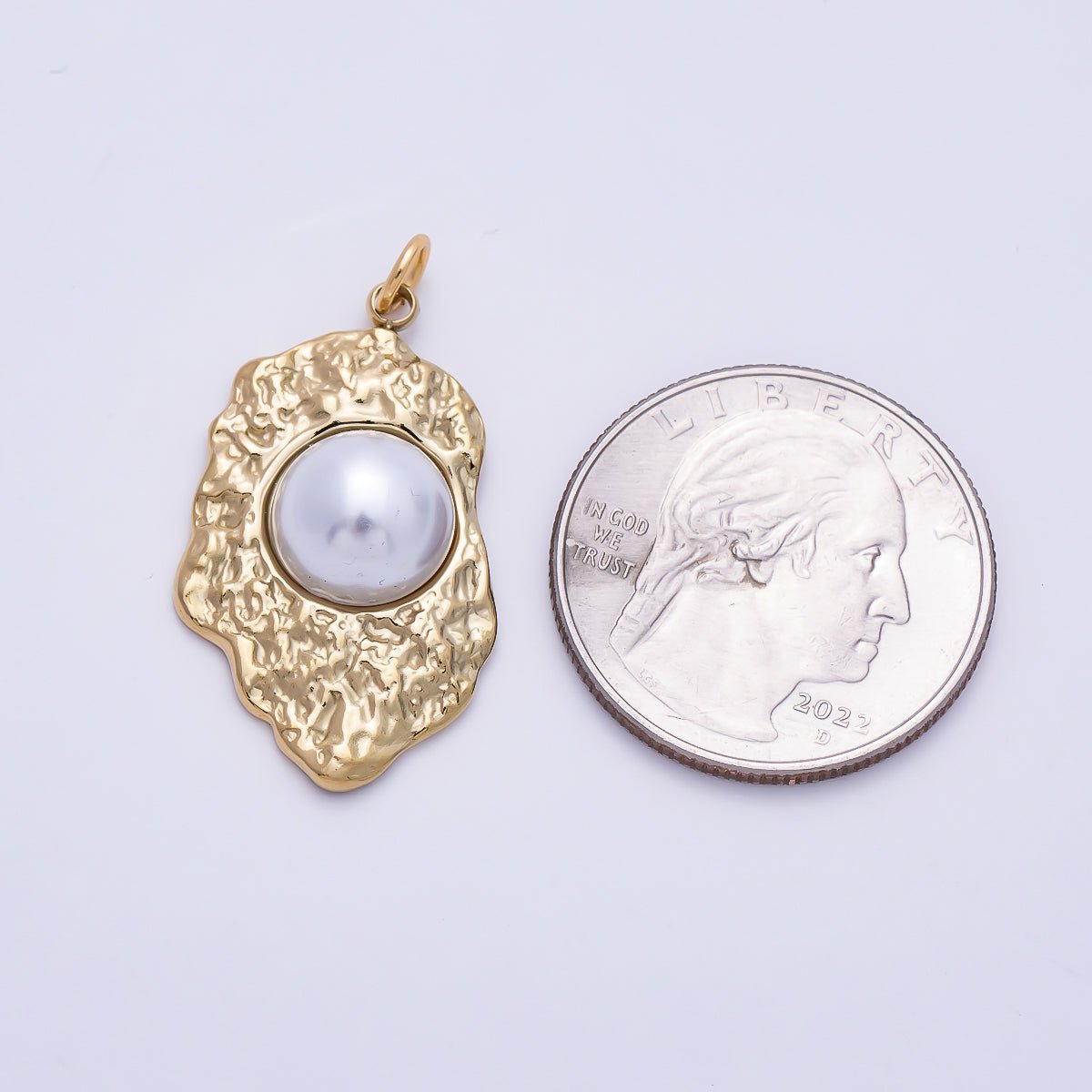 PVD Gold Stainless Steel 30mm White Shell Pearl Hammered Molten Charm | Charms-01437