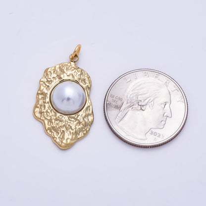 PVD Gold Stainless Steel 30mm White Shell Pearl Hammered Molten Charm | Charms-01437