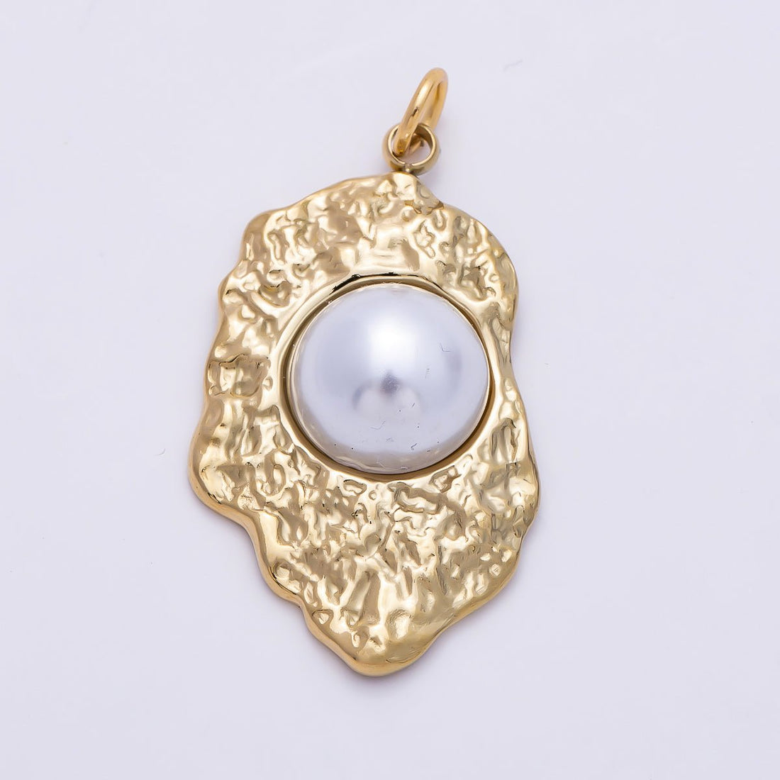 PVD Gold Stainless Steel 30mm White Shell Pearl Hammered Molten Charm | Charms-01437