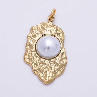 PVD Gold Stainless Steel 30mm White Shell Pearl Hammered Molten Charm | Charms-01437