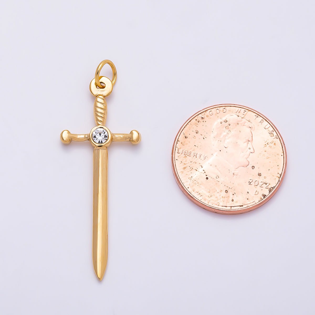 PVD Gold Stainless Steel 35mm Clear CZ Knife Sword Charm | Charms-01328