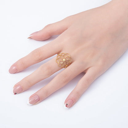 PVD Gold Stainless Steel Open Minimalist Flower Statement Ring | Rings-00323