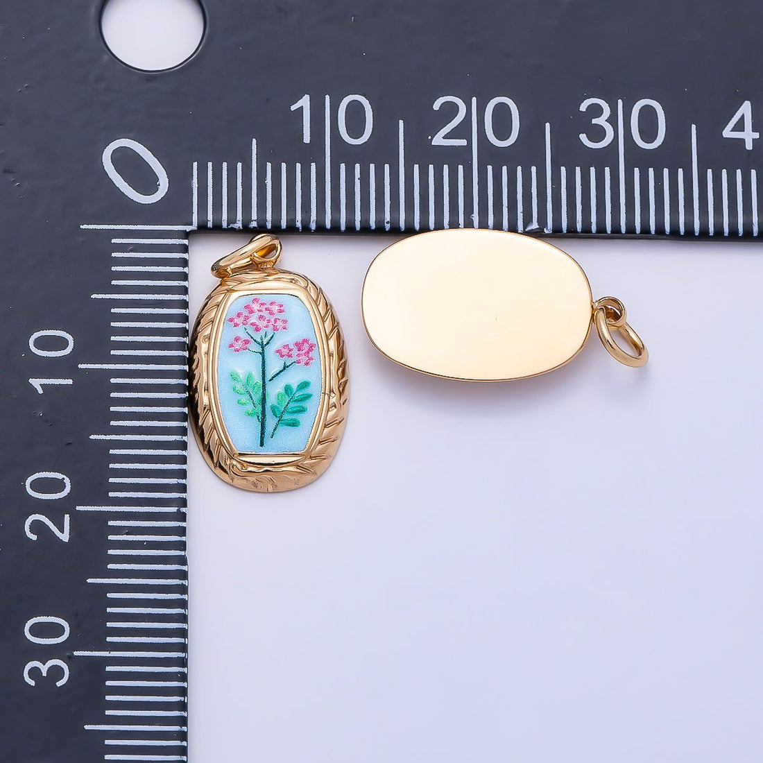 PVD Gold Stainless Steel Yellow, Blue Enamel Flower Ribbed Bezel Oval Charm | Charms-01333 Charms-01334