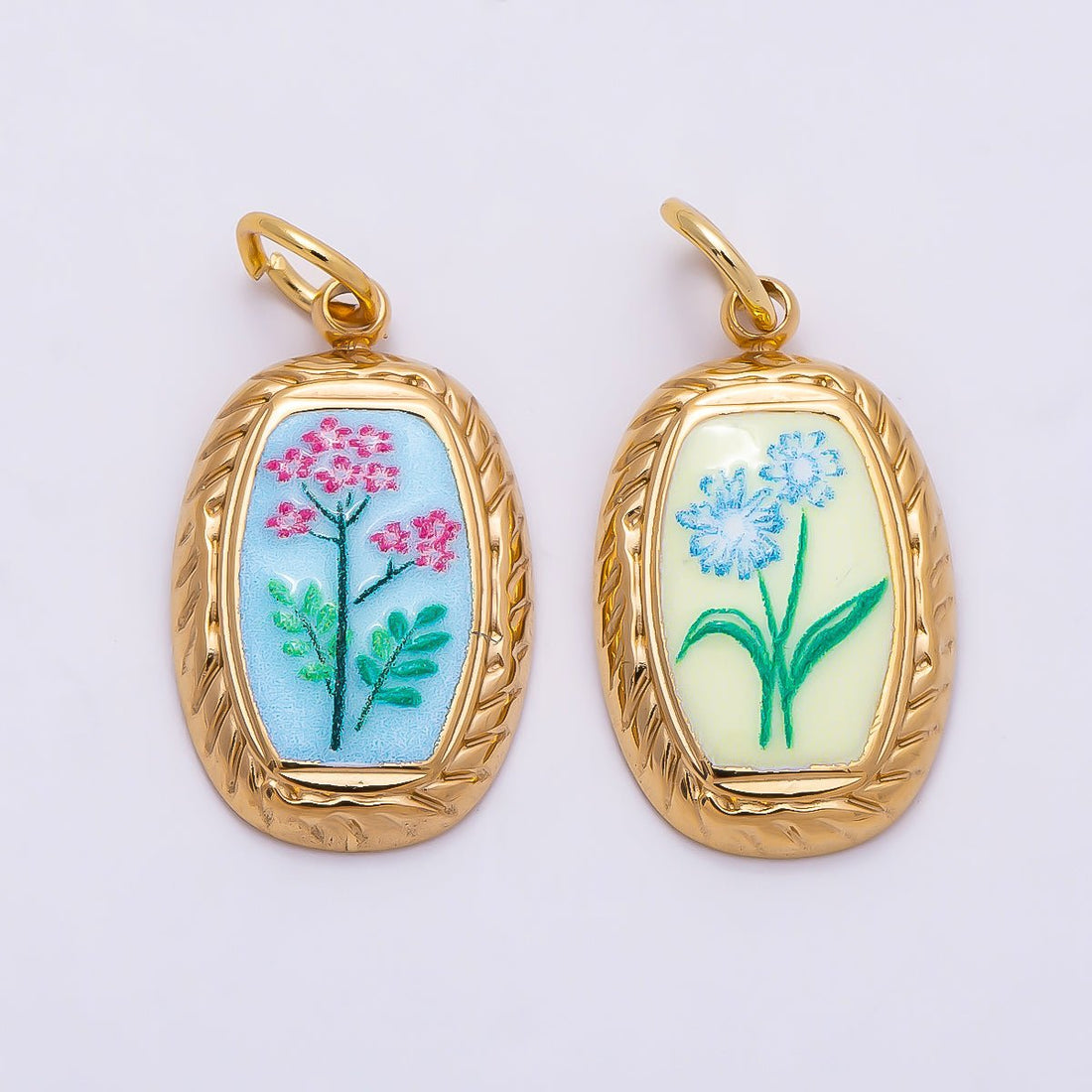 PVD Gold Stainless Steel Yellow, Blue Enamel Flower Ribbed Bezel Oval Charm | Charms-01333 Charms-01334