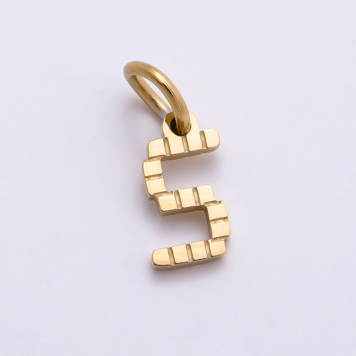 PVD Stainless 8.5mm Lined Ribbed Digital Alphabet Initial Letter Charm | Charms-01126 ~ Charms-01151