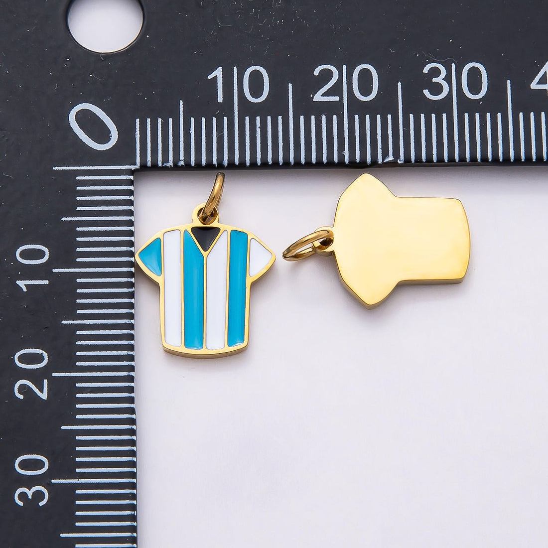 PVD Stainless Steel 14mm Blue &amp; White Enamel Soccer Jersey Shirt Sport Charm | Charms-00795