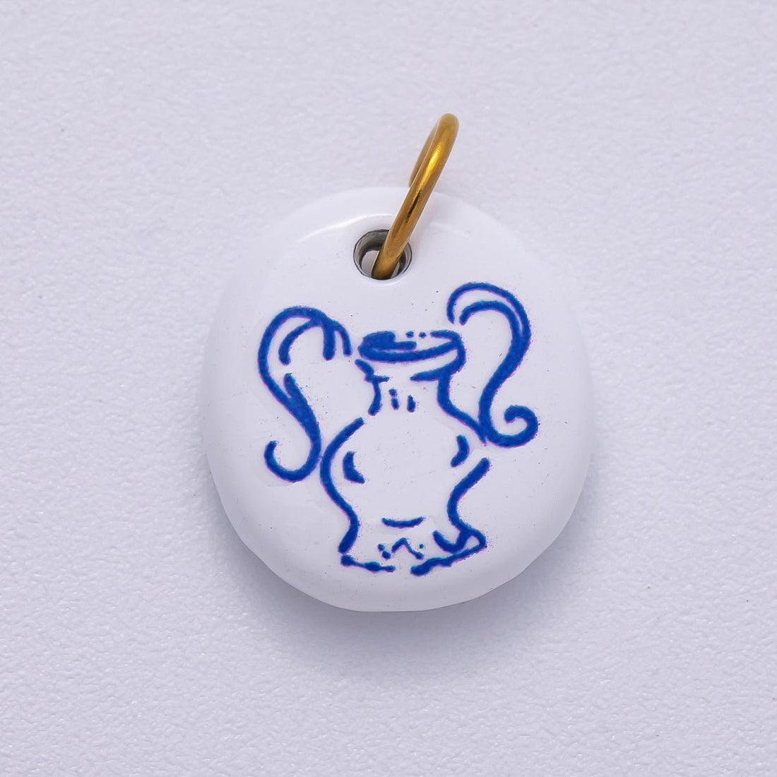 PVD Stainless Steel 14mm White Blue Vase Enamel Round Charm | Charms-00508