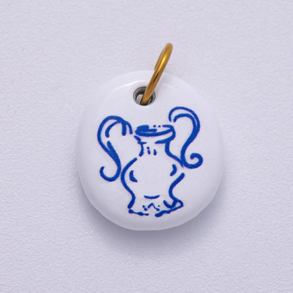 PVD Stainless Steel 14mm White Blue Vase Enamel Round Charm | Charms-00508