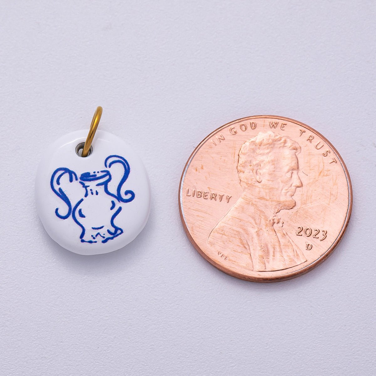 PVD Stainless Steel 14mm White Blue Vase Enamel Round Charm | Charms-00508