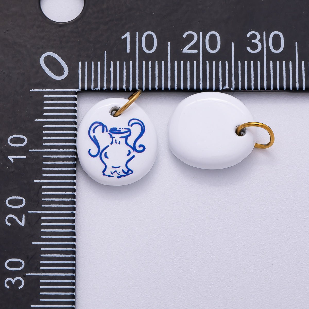 PVD Stainless Steel 14mm White Blue Vase Enamel Round Charm | Charms-00508
