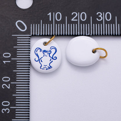 PVD Stainless Steel 14mm White Blue Vase Enamel Round Charm | Charms-00508
