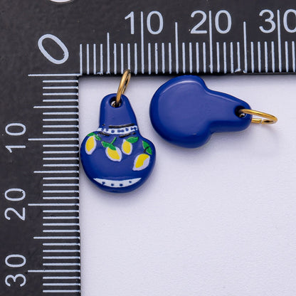 PVD Stainless Steel 15mm Lemon Mediterranean Blue Vase Enamel Charm | Charms-00499