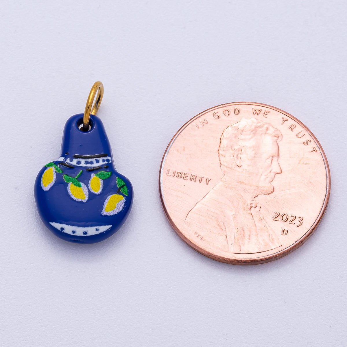 PVD Stainless Steel 15mm Lemon Mediterranean Blue Vase Enamel Charm | Charms-00499