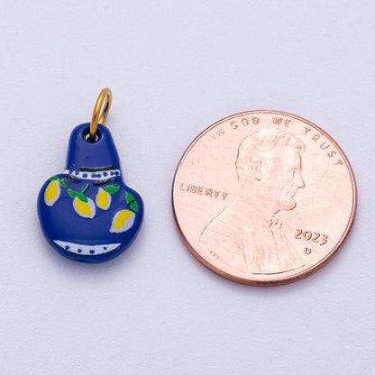 PVD Stainless Steel 15mm Lemon Mediterranean Blue Vase Enamel Charm | Charms-00499