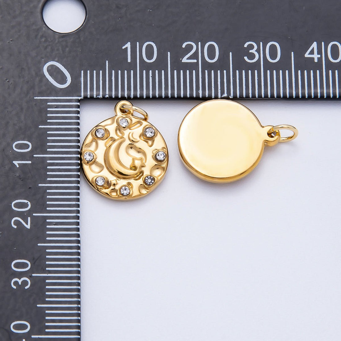 PVD Stainless Steel 16mm Clear CZ Celestial Crescent Moon Round Charm | Charms-00710