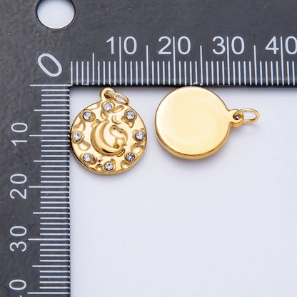 PVD Stainless Steel 16mm Clear CZ Celestial Crescent Moon Round Charm | Charms-00710
