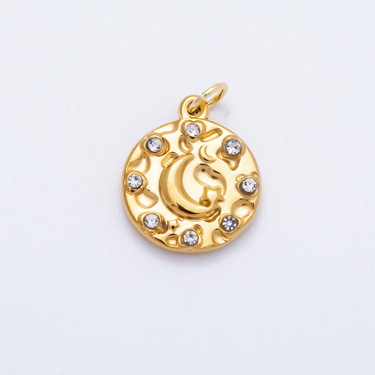 PVD Stainless Steel 16mm Clear CZ Celestial Crescent Moon Round Charm | Charms-00710