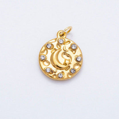 PVD Stainless Steel 16mm Clear CZ Celestial Crescent Moon Round Charm | Charms-00710
