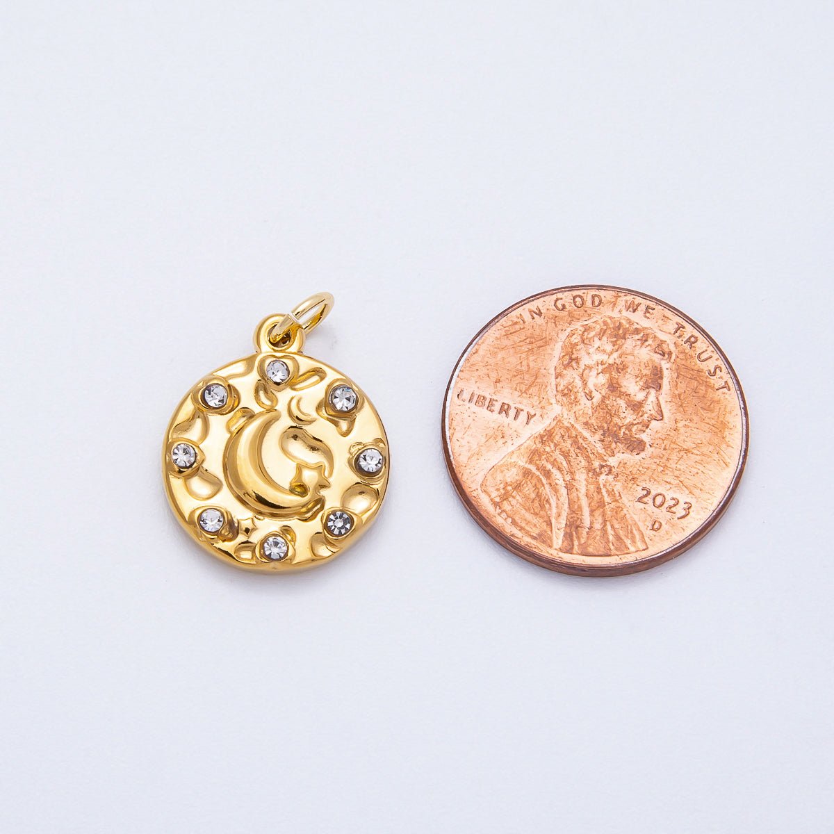 PVD Stainless Steel 16mm Clear CZ Celestial Crescent Moon Round Charm | Charms-00710