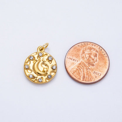 PVD Stainless Steel 16mm Clear CZ Celestial Crescent Moon Round Charm | Charms-00710