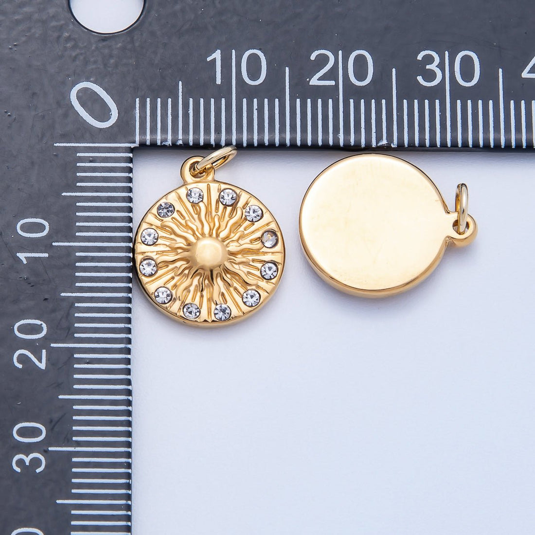 PVD Stainless Steel 16mm Clear CZ Celestial Sun Round Charm | Charms-00708