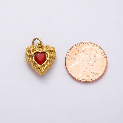 PVD Stainless Steel 16mm Red Gemstone Molten Heart Charm | Charms-00801