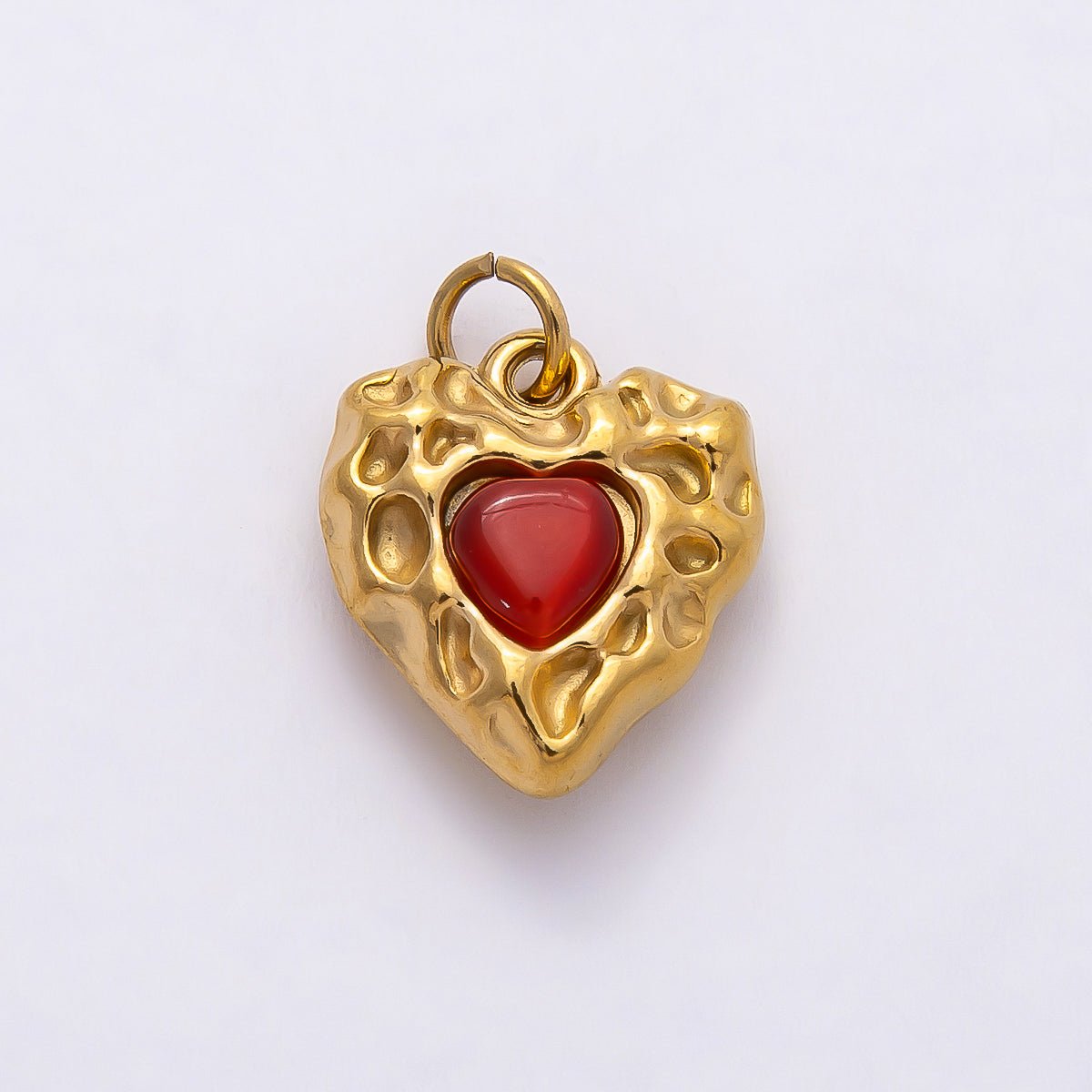 PVD Stainless Steel 16mm Red Gemstone Molten Heart Charm | Charms-00801