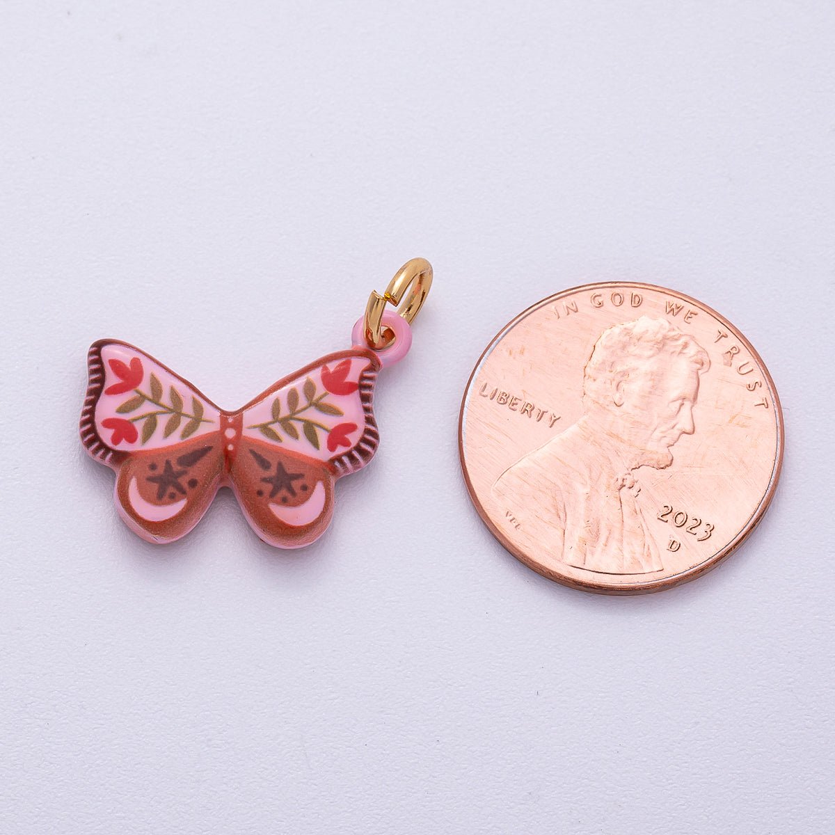 PVD Stainless Steel 18mm Red Pink Enamel Flower Butterfly Charm | Charms-00502