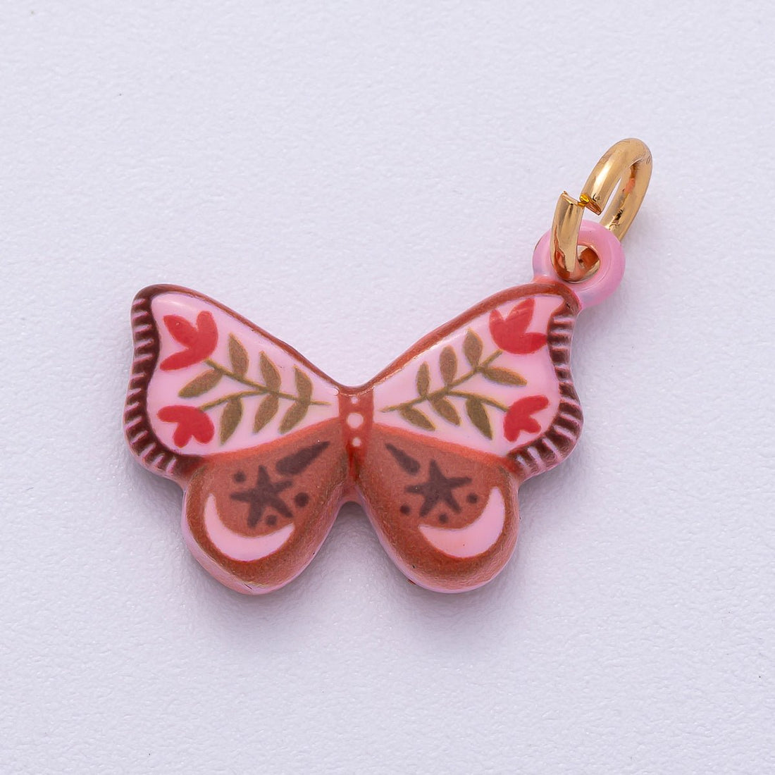 PVD Stainless Steel 18mm Red Pink Enamel Flower Butterfly Charm | Charms-00502