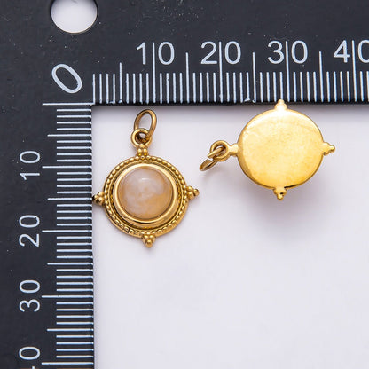 PVD Stainless Steel 18mm Rose Quartz Gemstone Dotted Round Charm | Charms-00806