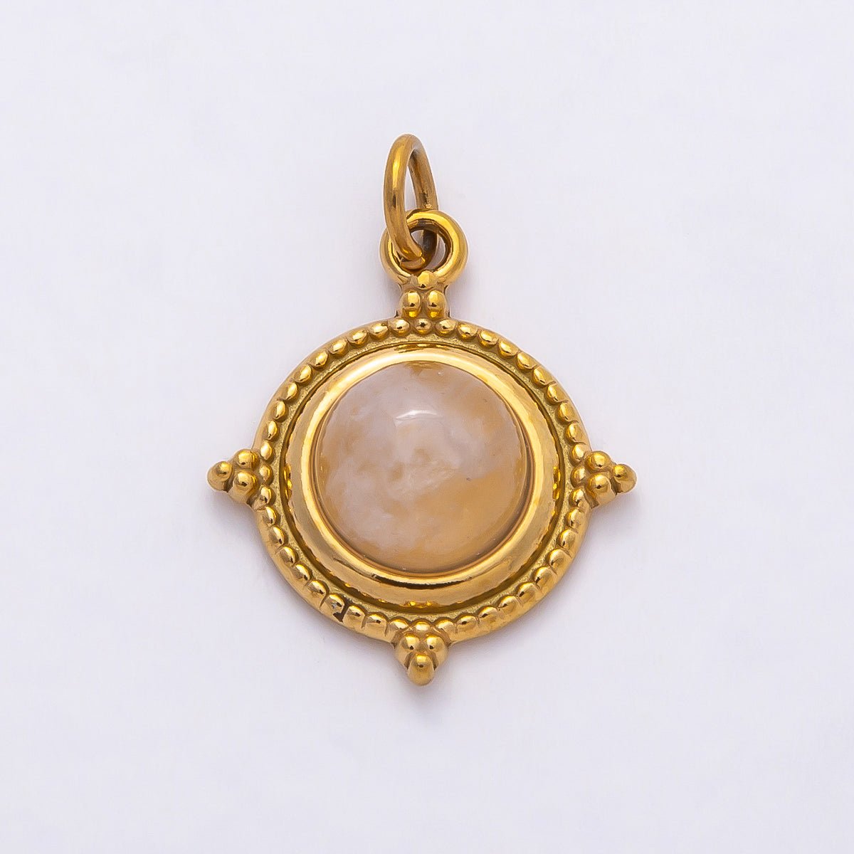 PVD Stainless Steel 18mm Rose Quartz Gemstone Dotted Round Charm | Charms-00806
