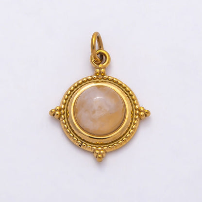 PVD Stainless Steel 18mm Rose Quartz Gemstone Dotted Round Charm | Charms-00806