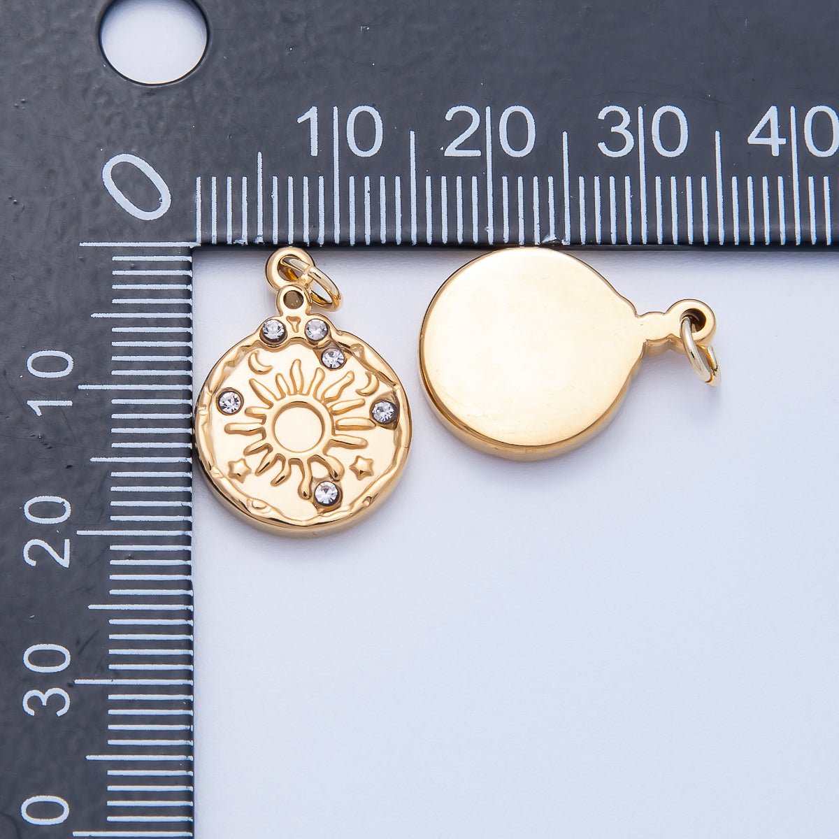 PVD Stainless Steel 19mm Clear CZ Celestial Sun Medallion Charm | Charms-00711