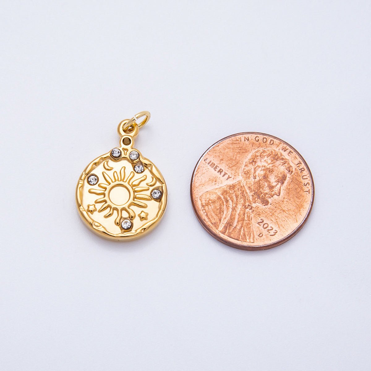 PVD Stainless Steel 19mm Clear CZ Celestial Sun Medallion Charm | Charms-00711