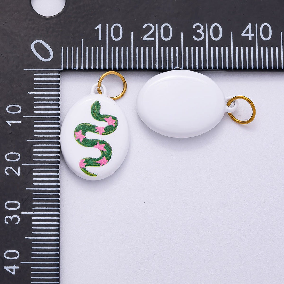 PVD Stainless Steel 20mm Green Snake Pink Star White Enamel Oval Charm | Charms-00503