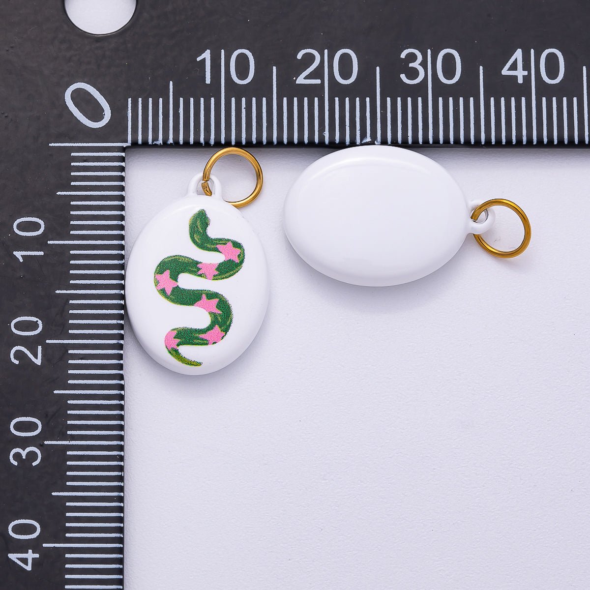 PVD Stainless Steel 20mm Green Snake Pink Star White Enamel Oval Charm | Charms-00503