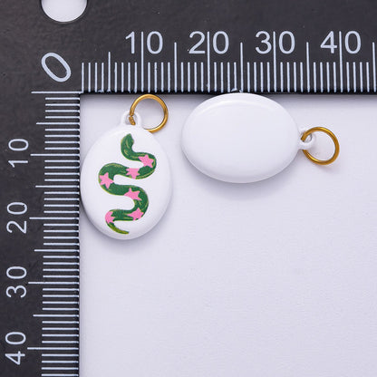 PVD Stainless Steel 20mm Green Snake Pink Star White Enamel Oval Charm | Charms-00503