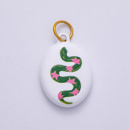 PVD Stainless Steel 20mm Green Snake Pink Star White Enamel Oval Charm | Charms-00503