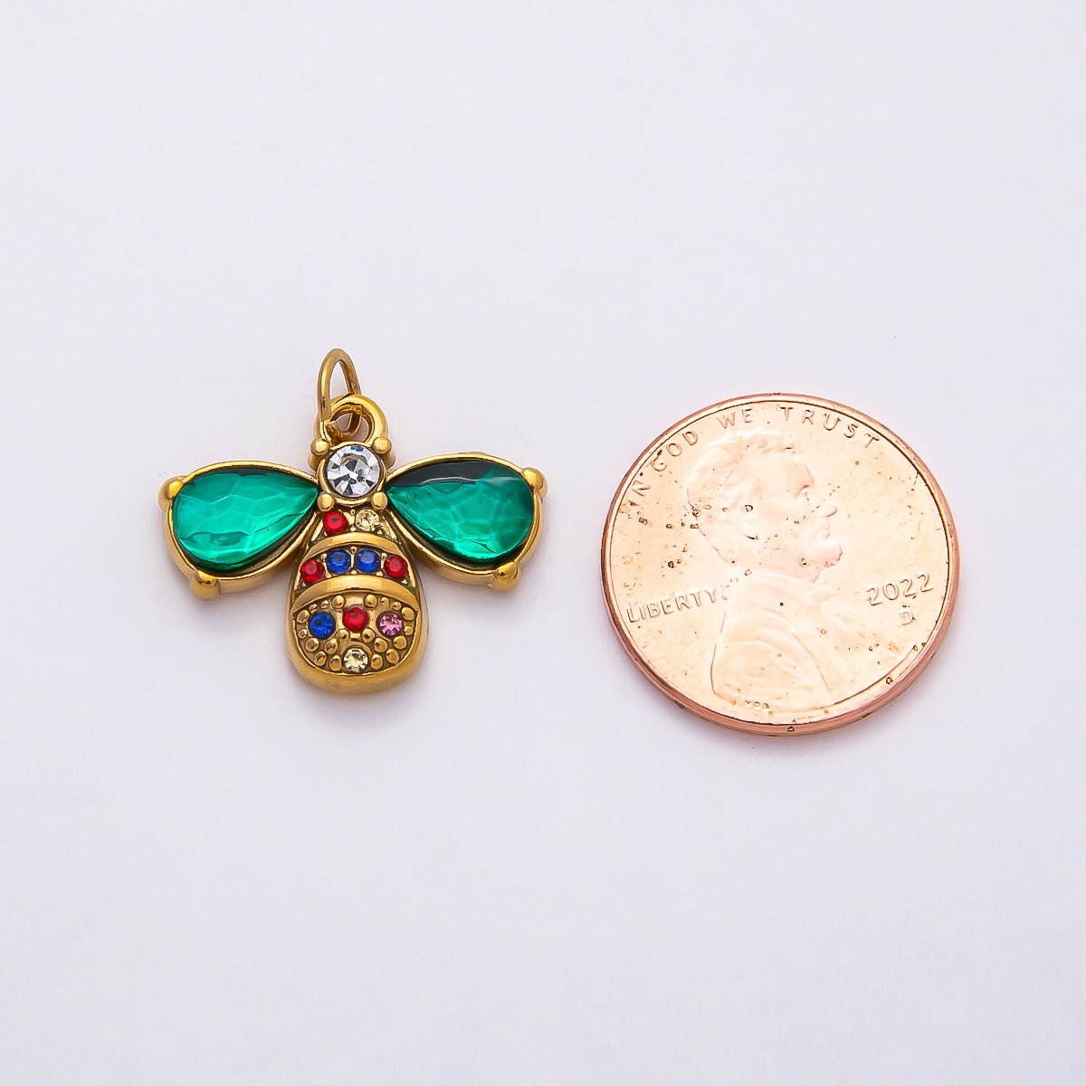 PVD Stainless Steel 21mm Multicolor Green CZ Bumble Bee Insect Charm | Charms-00793