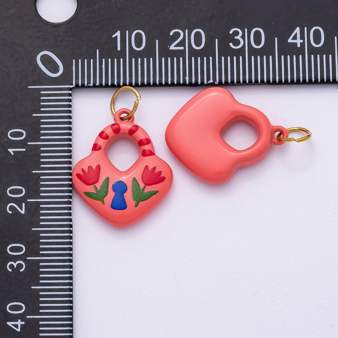 PVD Stainless Steel 21mm Pink Enamel Flower Heart Padlock Charm | Charms-00509
