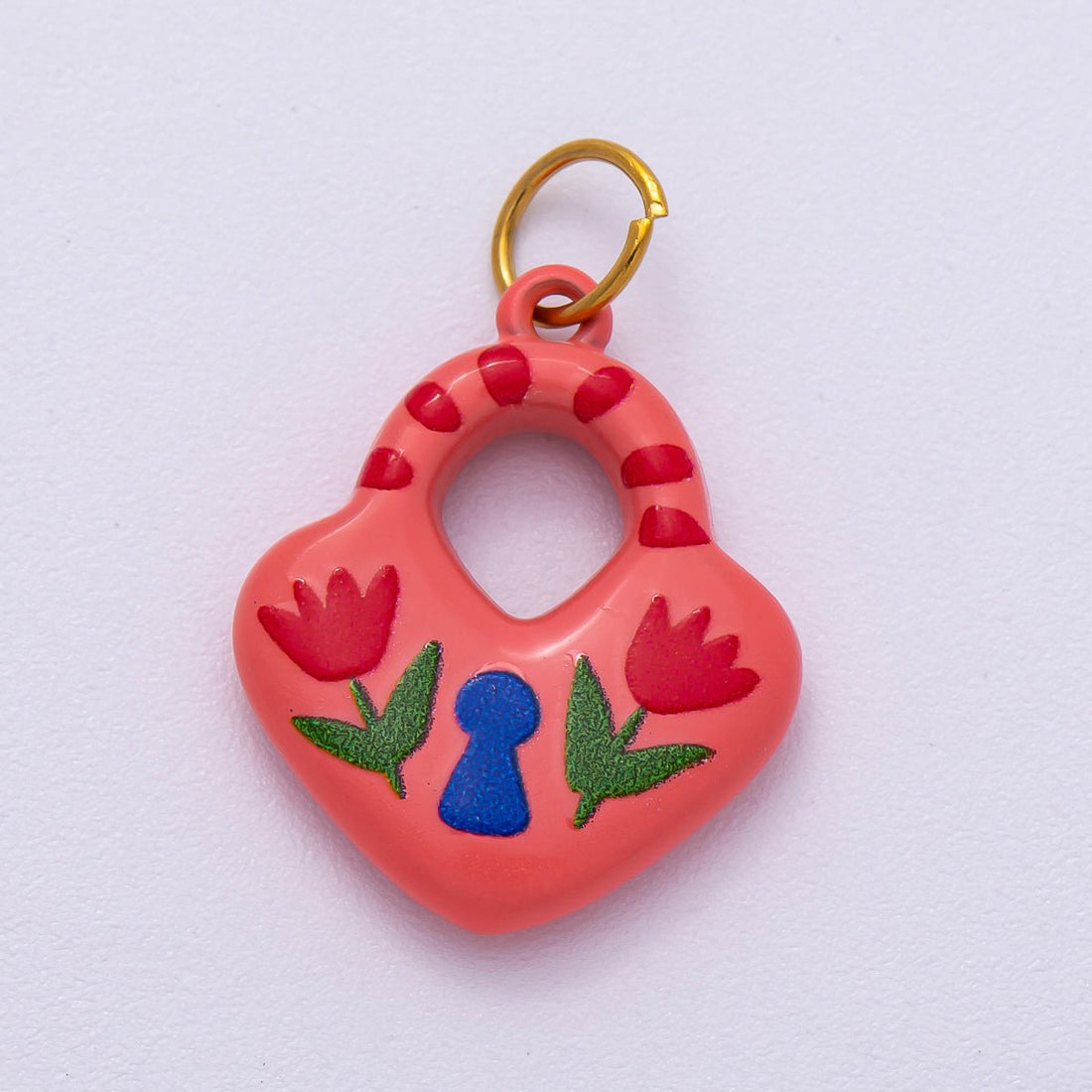 PVD Stainless Steel 21mm Pink Enamel Flower Heart Padlock Charm | Charms-00509