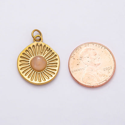 PVD Stainless Steel 21mm Rose Quartz Gemstone Sunburst Round Charm | Charms-00800