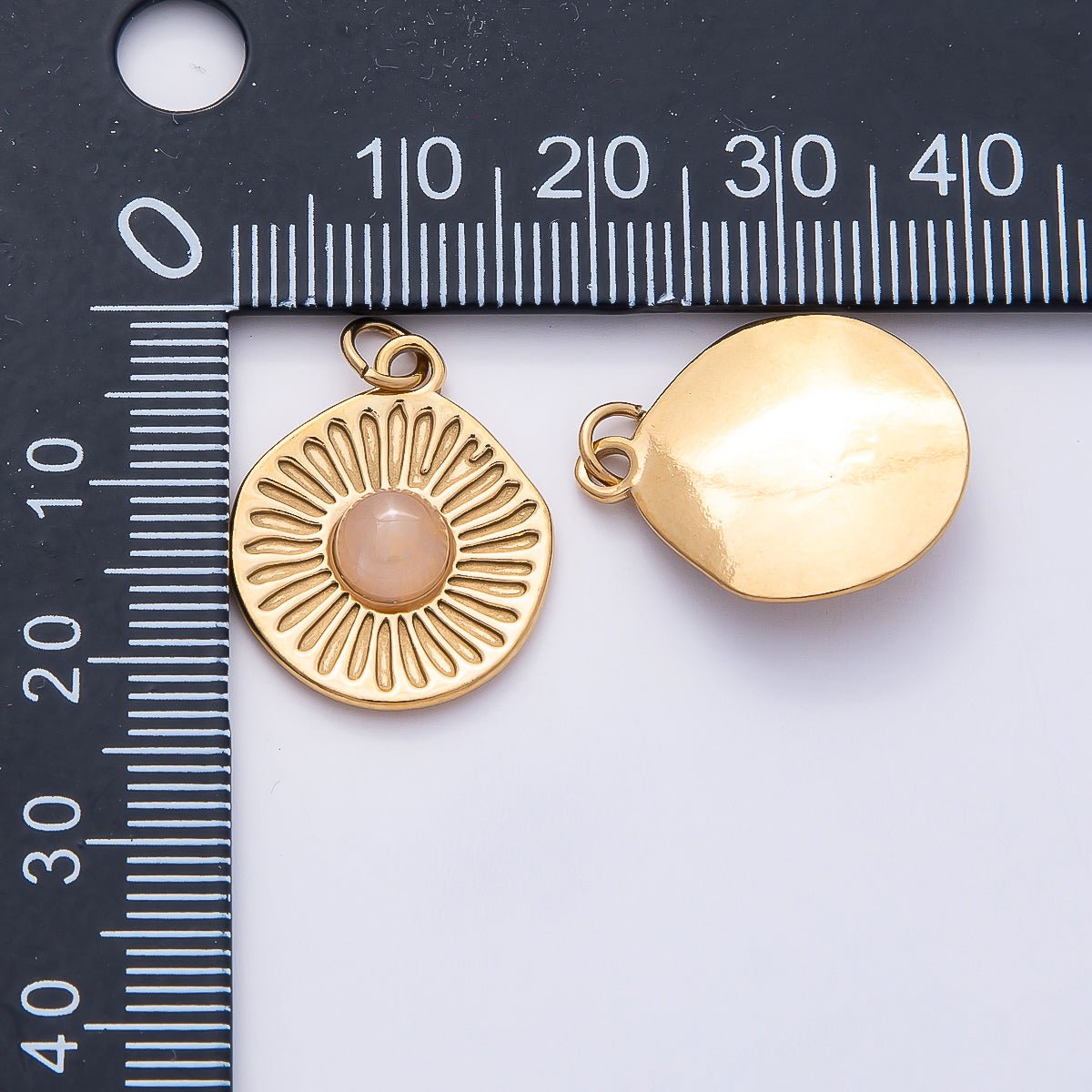 PVD Stainless Steel 21mm Rose Quartz Gemstone Sunburst Round Charm | Charms-00800