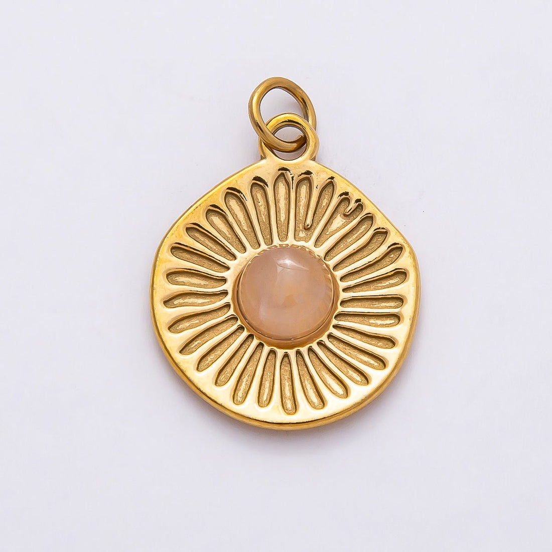 PVD Stainless Steel 21mm Rose Quartz Gemstone Sunburst Round Charm | Charms-00800