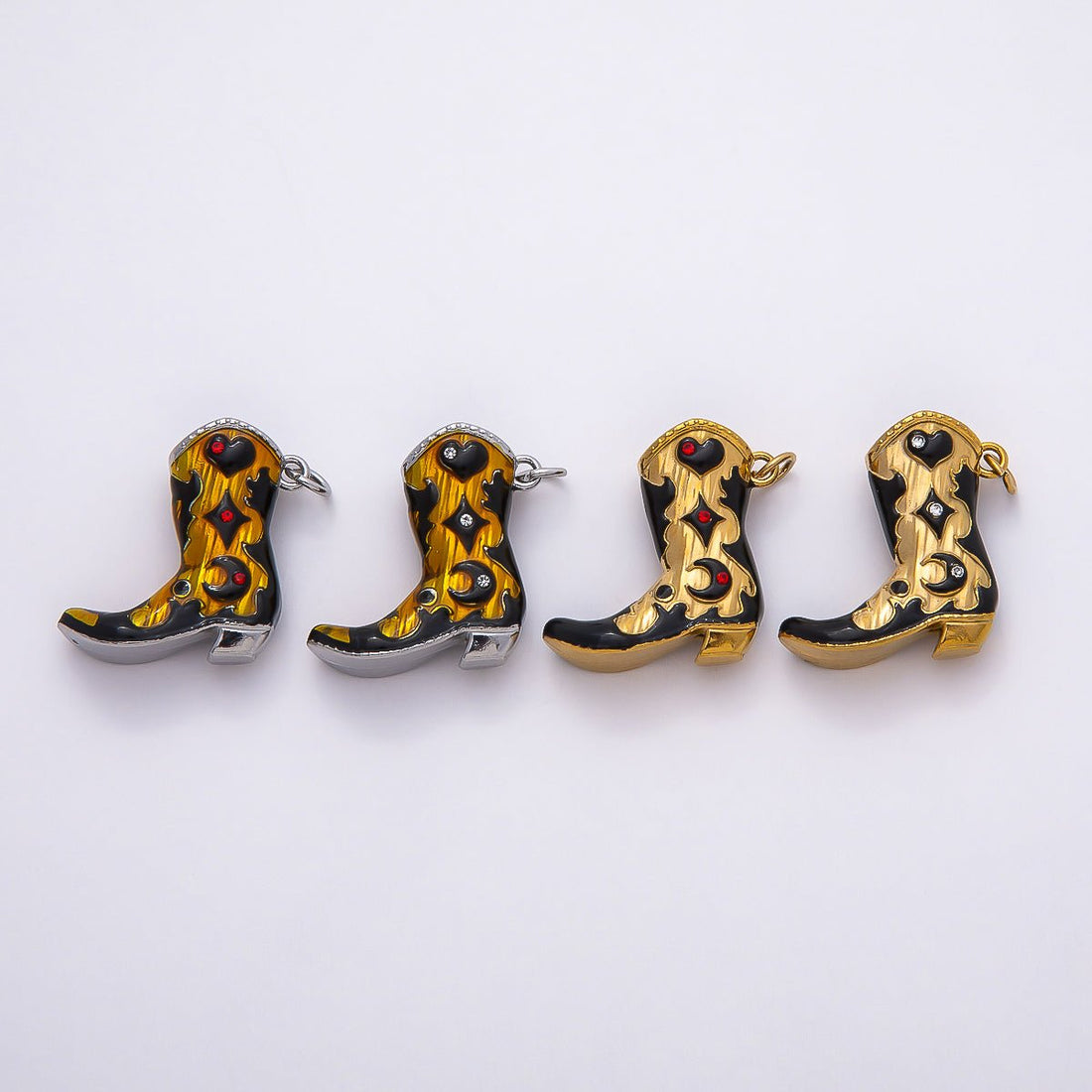 PVD Stainless Steel 27mm Clear, Red CZ Black Enamel Western Cowboy Boot Charm in Gold &amp; Silver | Charms-00782 ~ Charms-00785