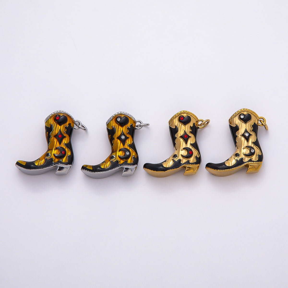 PVD Stainless Steel 27mm Clear, Red CZ Black Enamel Western Cowboy Boot Charm in Gold &amp; Silver | Charms-00782 ~ Charms-00785