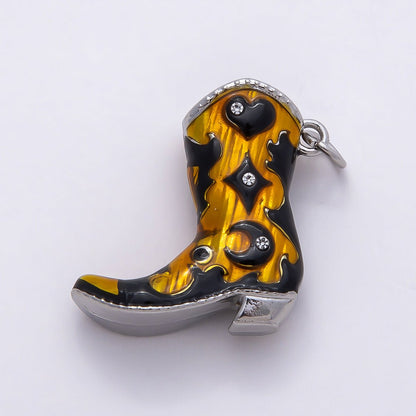 PVD Stainless Steel 27mm Clear, Red CZ Black Enamel Western Cowboy Boot Charm in Gold &amp; Silver | Charms-00782 ~ Charms-00785
